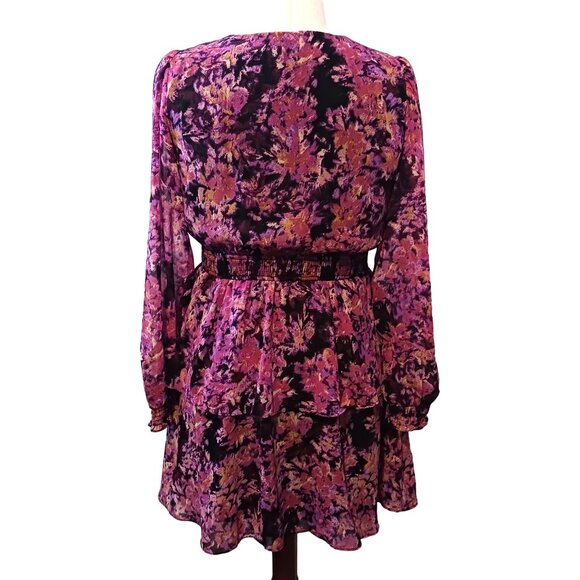 NEW VERO MODA‎ Britt Ruffle Long Sleeve Dress in Black/Purple Multi, Size M - Picture 6 of 14